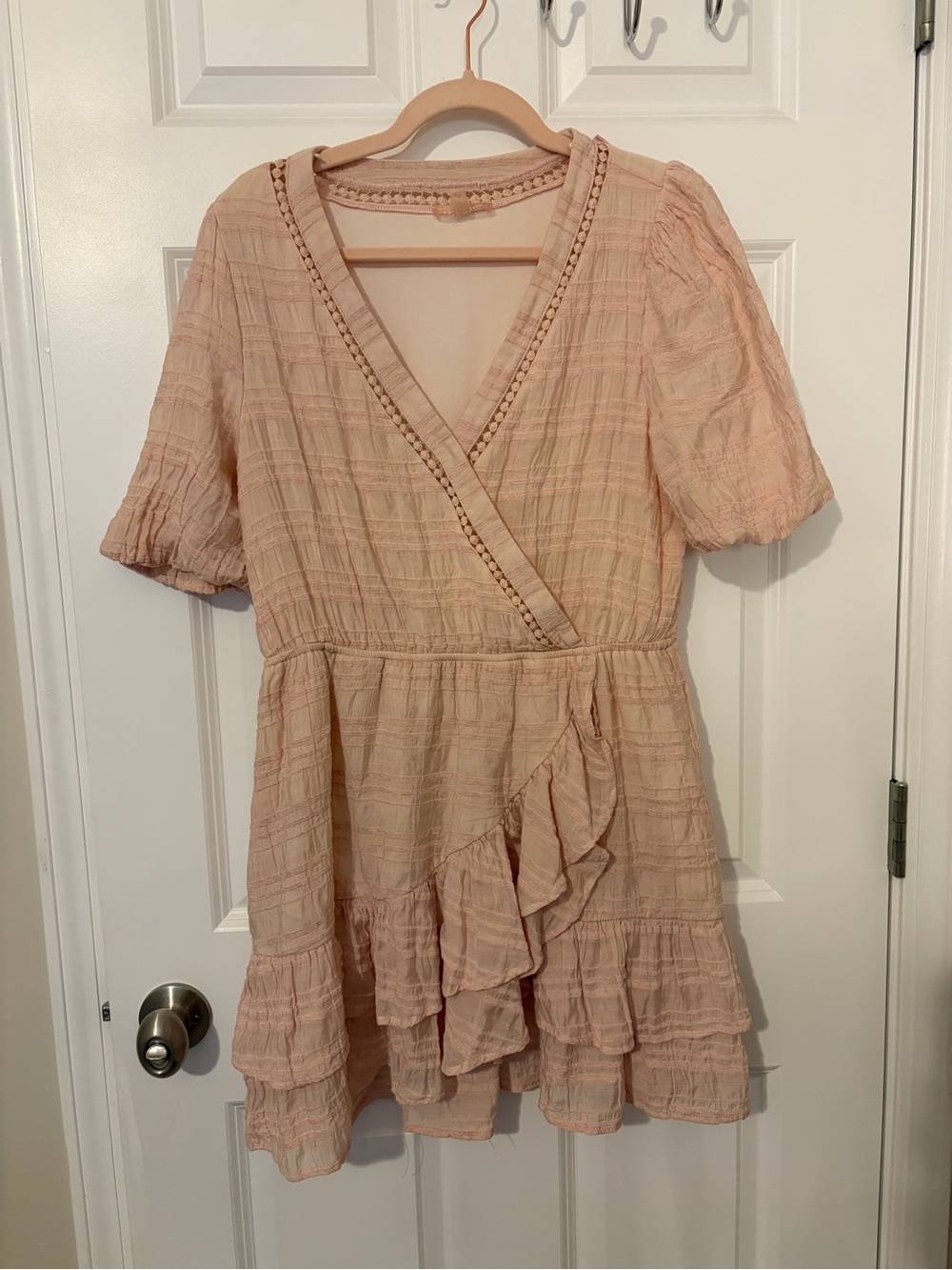 LOVECOLLETE Flying Tomato Women's Soft Baby Pink Peach Wrap Ruffle Dress Large